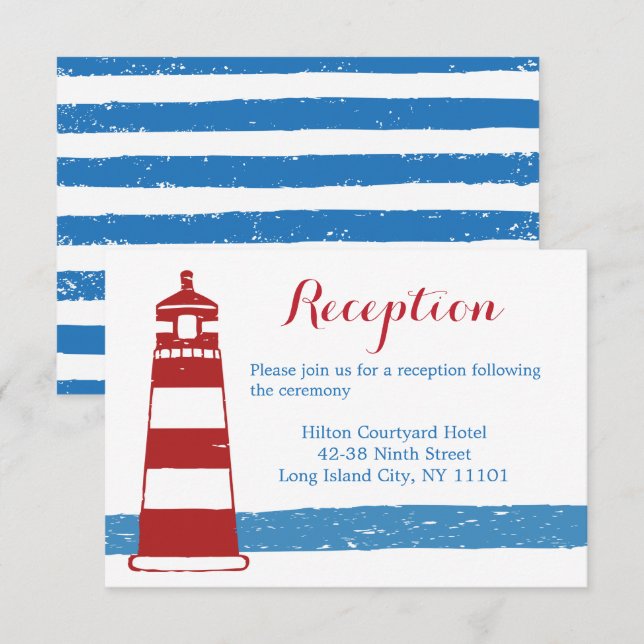 Nautical Wedding Reception Blue Stripe  Lighthouse Invitation (Front/Back)