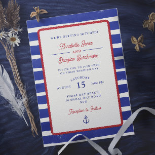 Nautical Wedding Rustic Blue Watercolor Stripes  Invitation