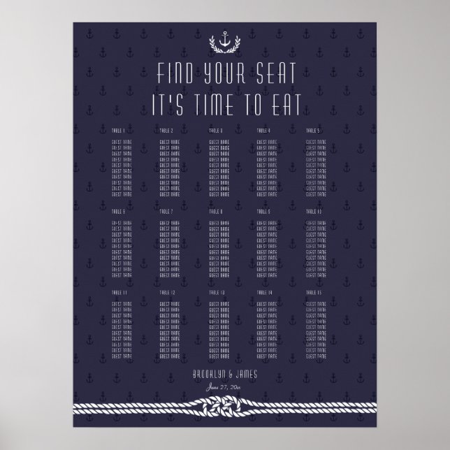 Nautical Wedding Seating Chart Blue Anchors (Front)