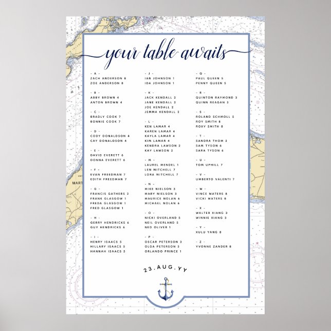 Nautical Wedding Seating Chart | Martha's Vineyard (Front)