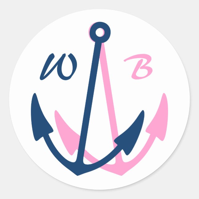 Nautical wedding stickers with monogrammed anchors (Front)