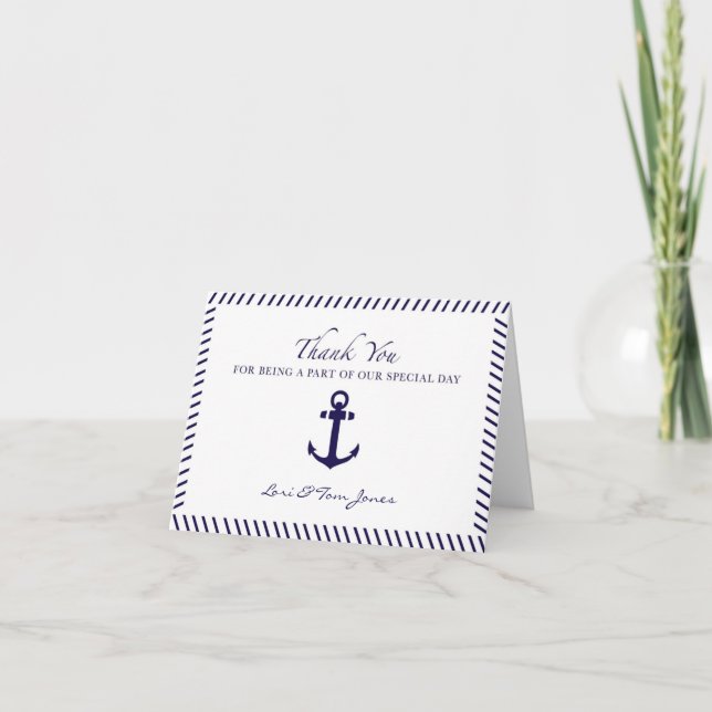 Nautical Wedding Thank You Blue Anchor Card (Front)