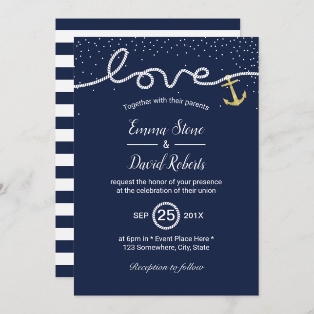 Nautical Wedding Tying the Knot Anchor Navy Blue Invitation (Front/Back)