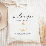 Nautical Wedding Welcome Gold Tote Bag<br><div class="desc">This nautical destination wedding hotel or favour bag features a silhouette illustration of an anchor in gold faux foil, under the word "welcome" in elegant black handwriting script. Personalise it with your wedding location, the names of the bride and groom, and the wedding date. Perfect for a boat, yacht, coastal...</div>