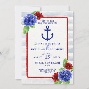 Nautical Wedding White Red Blue Floral Watercolor Invitation