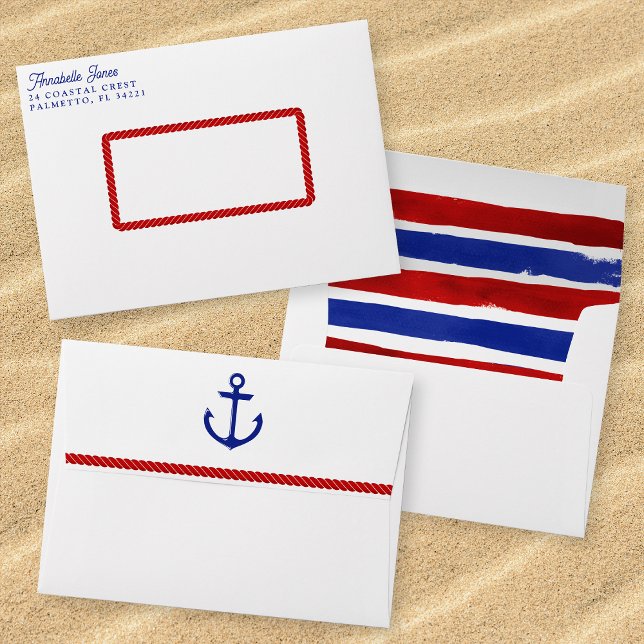 Nautical Wedding White Red Blue Watercolor Striped Envelope (Mockup of front, back and inside of envelope.)