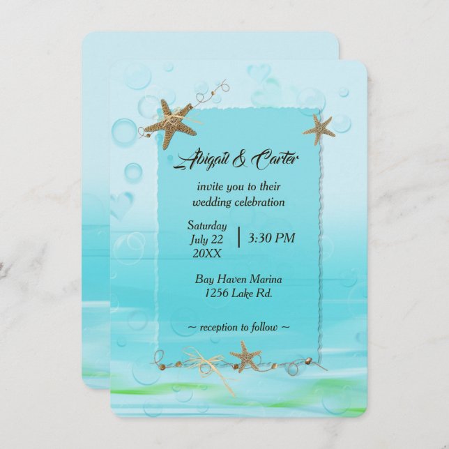 Nautical Wedding With Starfish and Bubbles Invitation (Front/Back)
