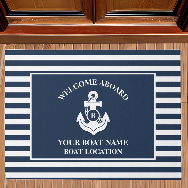 Nautical Welcome Aboard Anchor Navy Blue Striped Doormat (Creator Uploaded)
