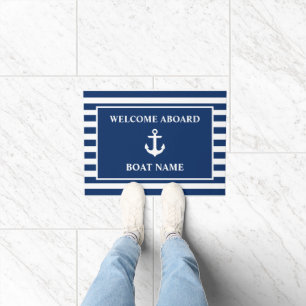 Nautical Welcome Aboard Anchor Navy Blue Striped Doormat