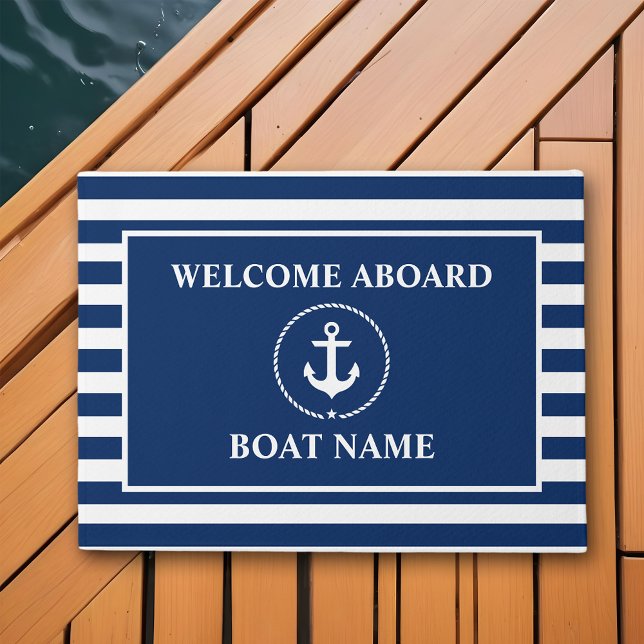 Nautical Welcome Aboard Anchor Rope Blue Striped Doormat (Customize to change text size, text style or background color.)