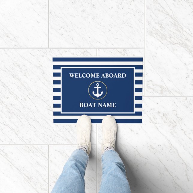 Nautical Welcome Aboard Blue Striped Anchor Ring Doormat (Indoor)