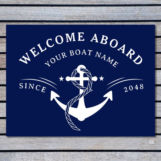 Nautical Welcome Aboard Boat Name Anchor Navy Blue Doormat (Creator Uploaded)
