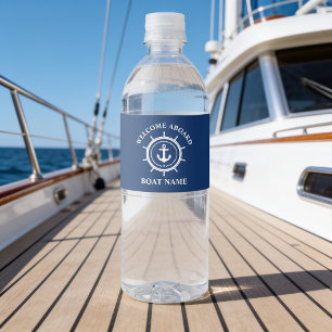 Nautical Welcome Aboard Boat Name Anchor Rope Helm Water Bottle Label