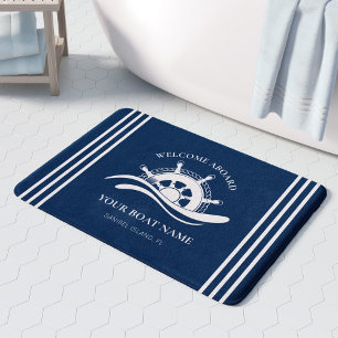 Nautical Welcome Aboard Boat Name Ship Wheel  Bath Mat