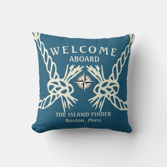 Nautical Welcome Aboard Boat's Name Ocean Blue  Cushion (Front)