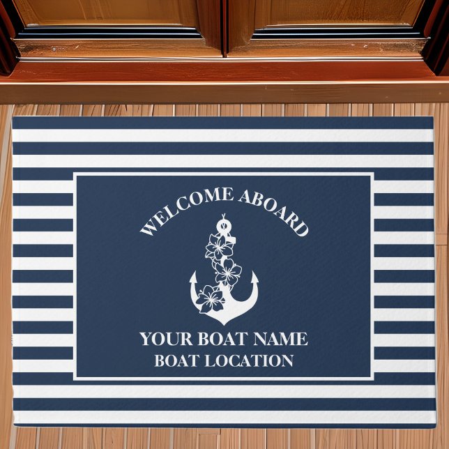 Nautical Welcome Aboard Floral Anchor Navy Striped Doormat (Creator Uploaded)