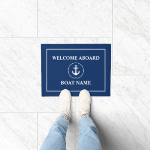 Nautical Welcome Anchor Rope Boat Name Blue Doormat