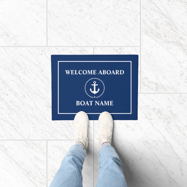 Nautical Welcome Anchor Rope Boat Name Blue Doormat (Indoor)
