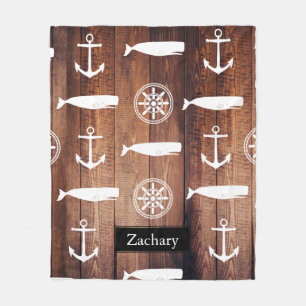 Nautical Whale Anchor & Helm Dark Wooden Planks Fleece Blanket