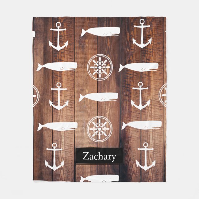 Nautical Whale Anchor & Helm Dark Wooden Planks Fleece Blanket (Front)