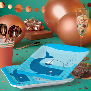 Nautical Whale and Sailboat Ocean Blue Sea Paper Plate