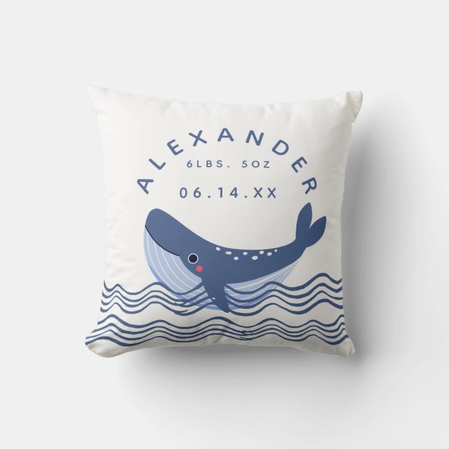 Nautical Whale Blue Date of Birth Weight Cushion (Front)