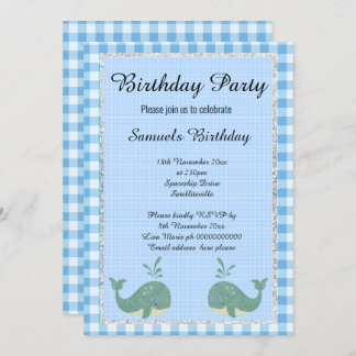 Nautical Whale Blue White Check Birthday Party Invitation