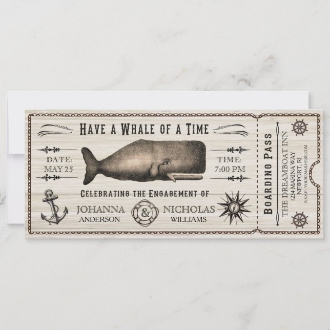 Nautical Whale Engagement Party Ticket Invitation (Front)