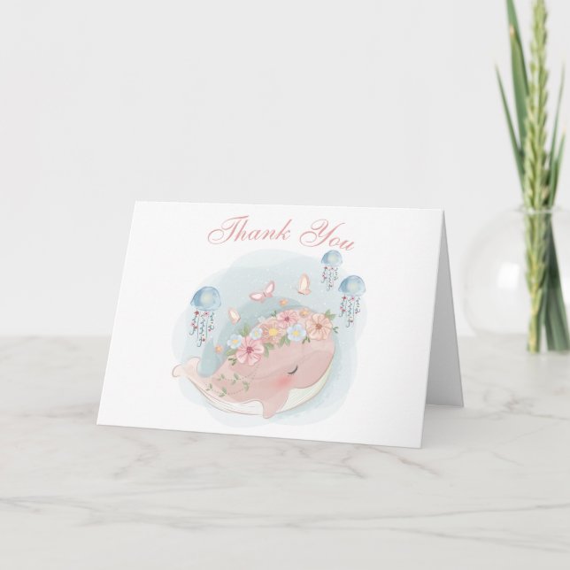 Nautical Whale Jellyfish Girl Baby Shower Thanks Card (Front)