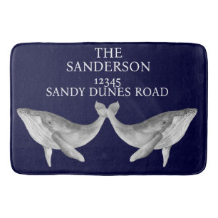 Nautical Whale Navy Grey Blue and White Bath Mat