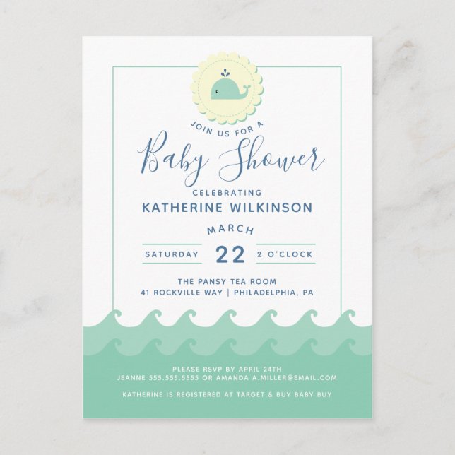 Nautical Whale Pastel Baby Shower Invitation Postcard (Front)