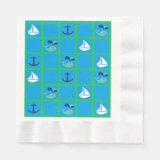 Nautical Whale, Sailboat, Anchor Blue Green Napkin (Front)