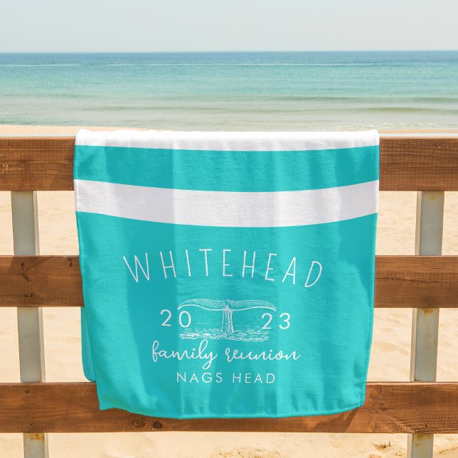 Nautical Whale Tail Stripe Aqua Blue Monogram Beach Towel (Creator Uploaded)