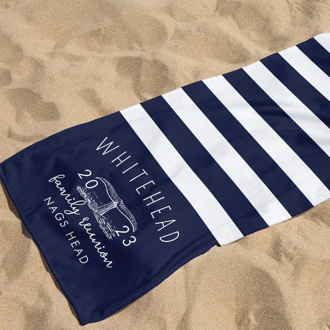 Nautical Whale Tail Stripe Navy Monogram Beach Towel (Creator Uploaded)
