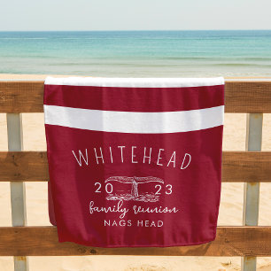 Nautical Whale Tail Stripe Red Monogram Beach Towel