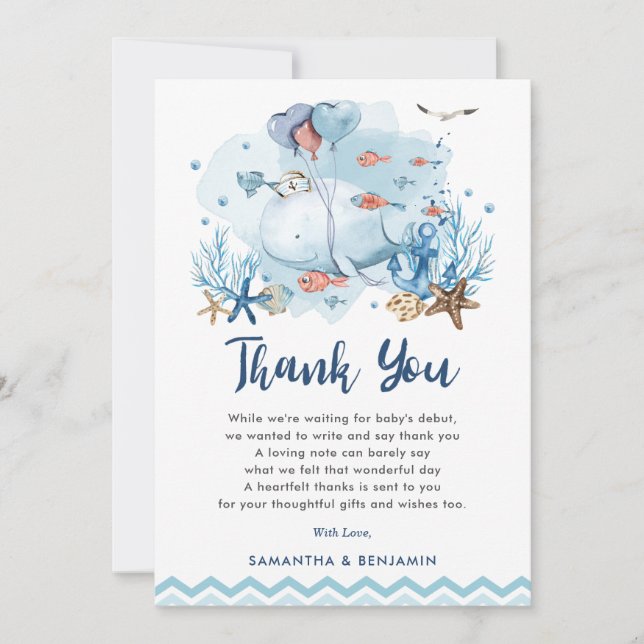 Nautical Whale Under the Sea Blue Boy Baby Shower Thank You Card (Front)