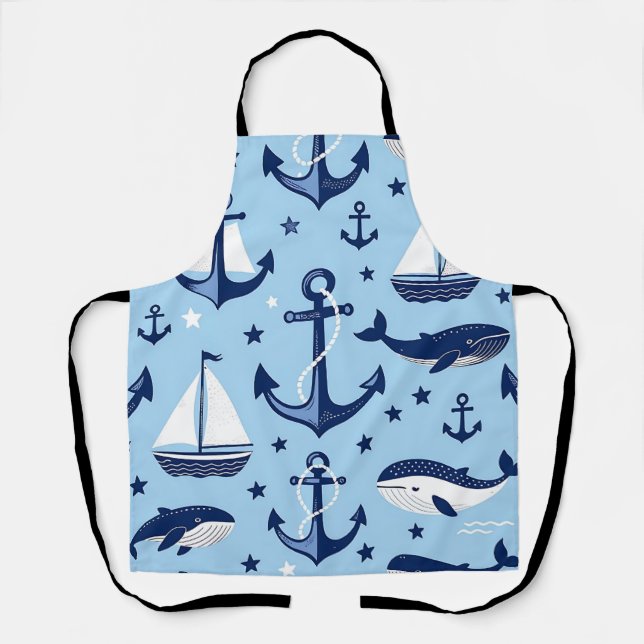 Nautical Whales Anchors Sailboats Pattern Apron (Front)