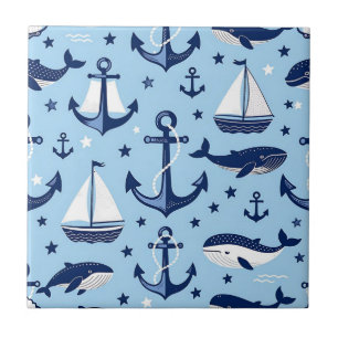 Nautical Whales Anchors Sailboats Pattern Ceramic Tile