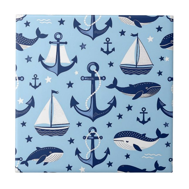 Nautical Whales Anchors Sailboats Pattern Ceramic Tile (Front)