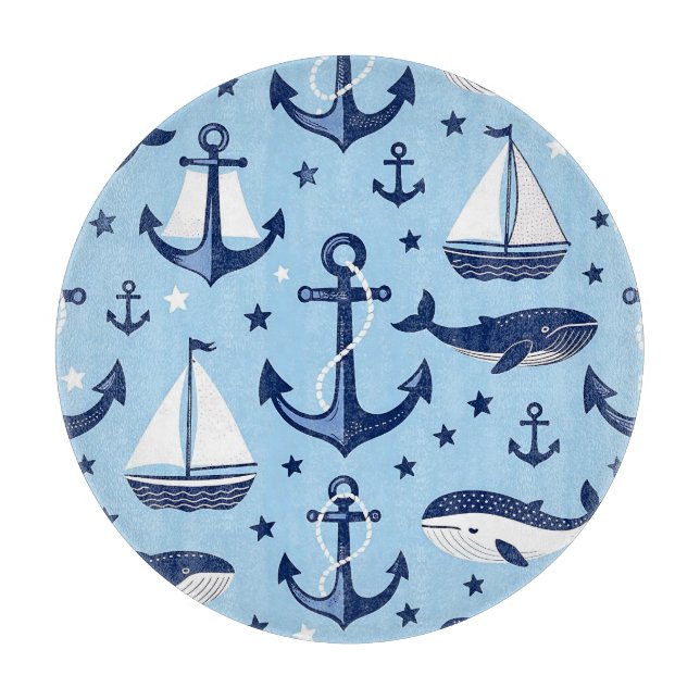 Nautical Whales Anchors Sailboats Pattern Cutting Board (Front)