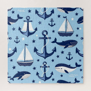 Nautical Whales Anchors Sailboats Pattern Jigsaw Puzzle