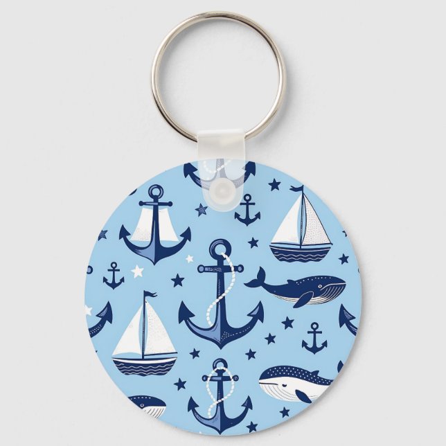 Nautical Whales Anchors Sailboats Pattern Key Ring (Front)