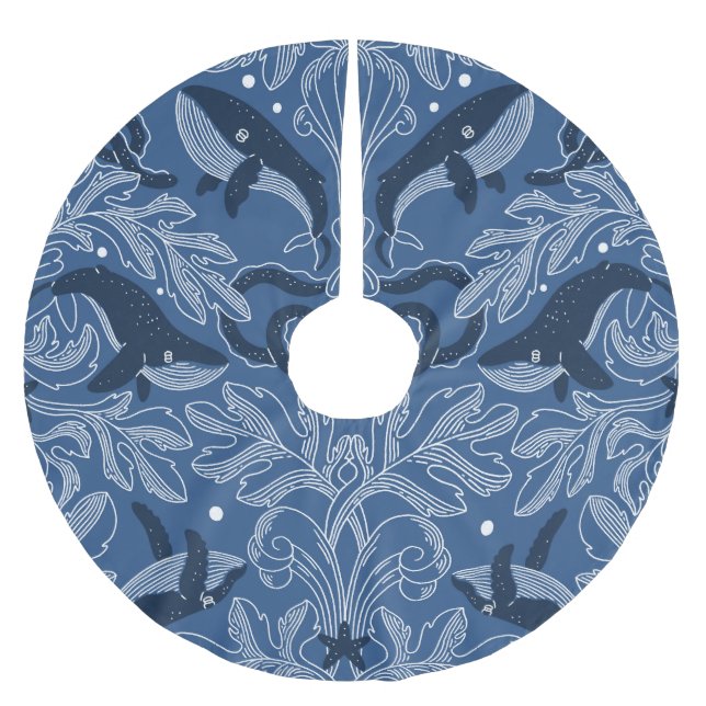 Nautical whales, damask texture pattern. brushed polyester tree skirt (Front)