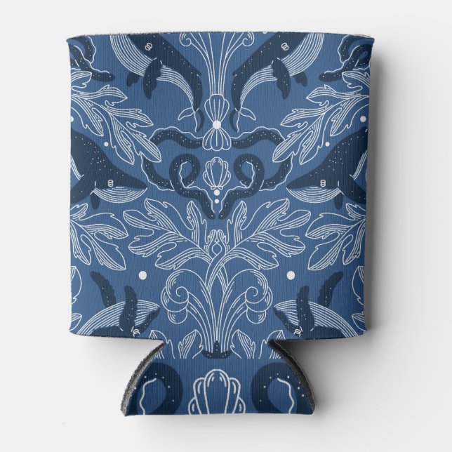 Nautical whales, damask texture pattern. can cooler (Front)