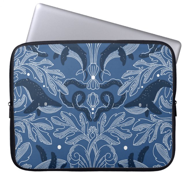 Nautical whales, damask texture pattern. laptop sleeve (Front)