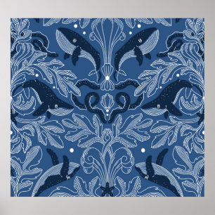 Nautical whales, damask texture pattern. poster