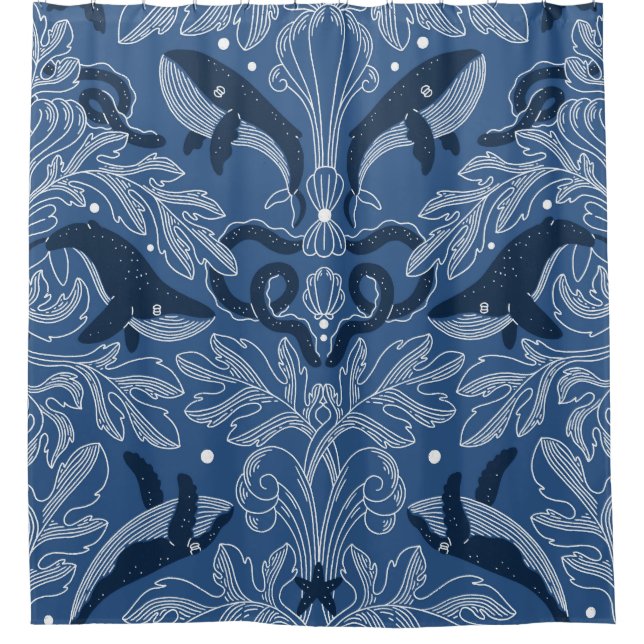 Nautical whales, damask texture pattern. shower curtain (Front)