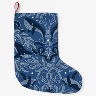 Nautical whales, damask texture pattern. small christmas stocking