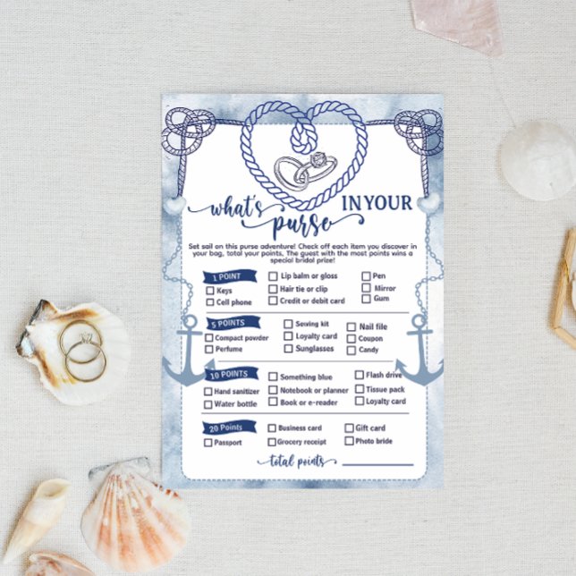 Nautical What in Your Purse Game Bridal Shower Invitation (Nautical What in Your Purse Game wedding activities fun beach theme anchor cord  digital download   )