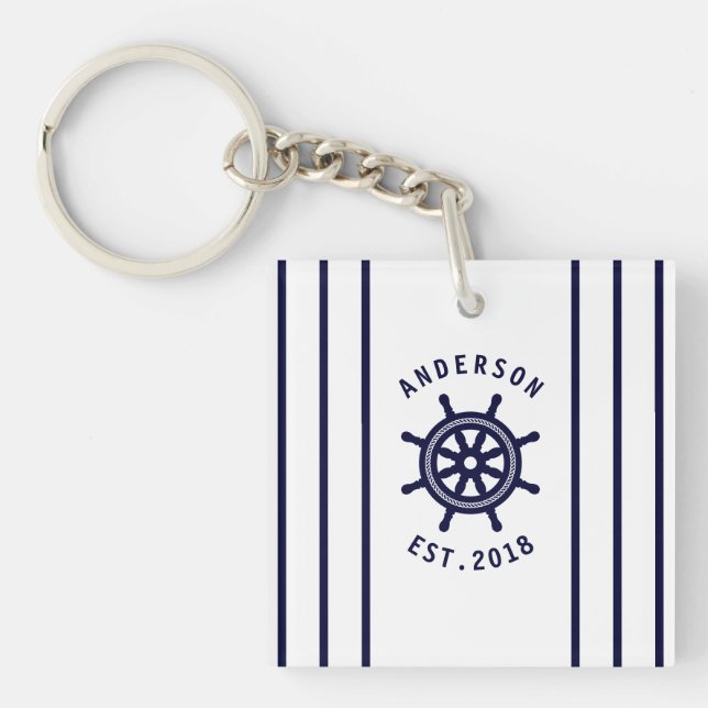 Nautical Wheel And Navy Blue Striped Custom Key Ring (Front)